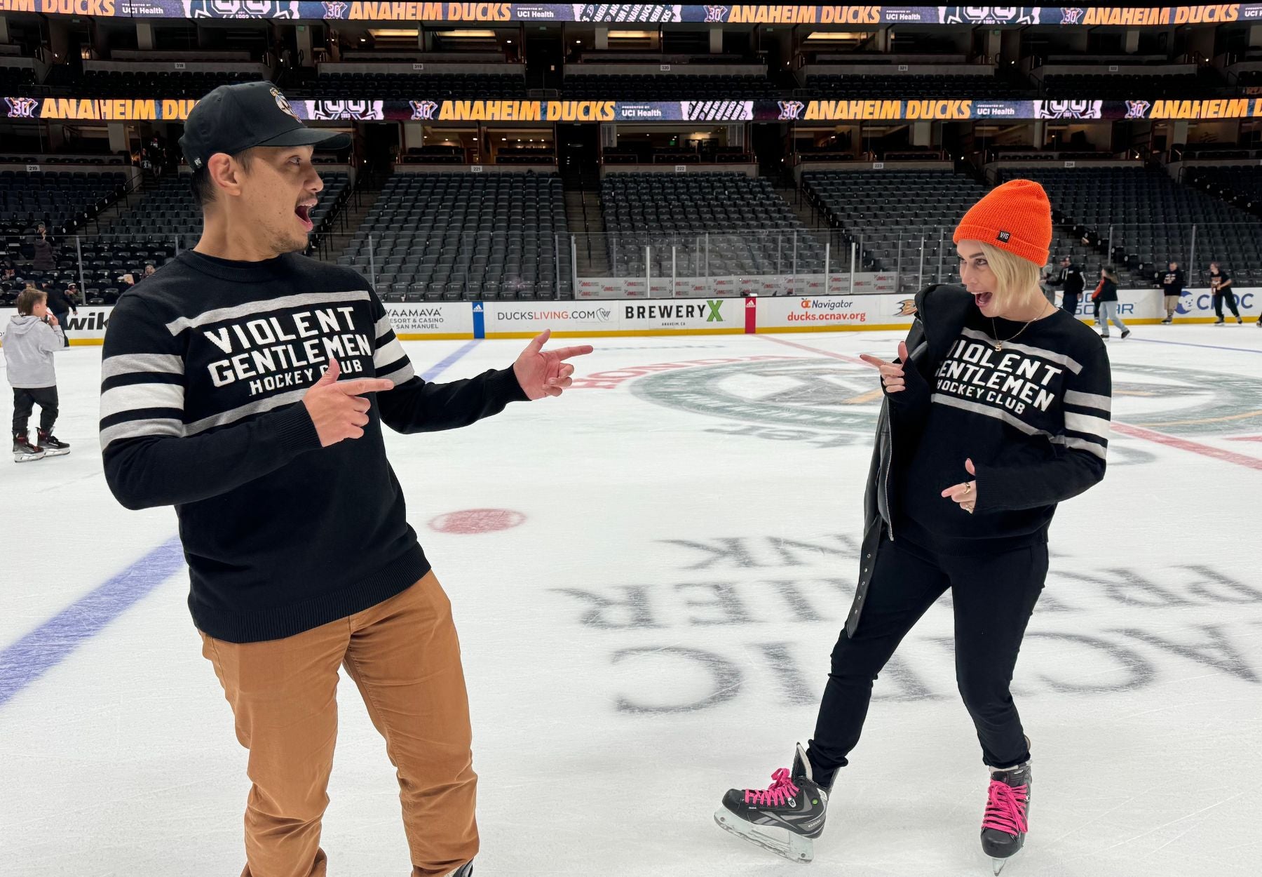 Orquest aedelweiss Hockey Clothing Company visits Honda Center, the home of the Anaheim Ducks for a hockey game against the Vegas Golden Knights. Here are some of our favorite memories skating on the ice after the game.